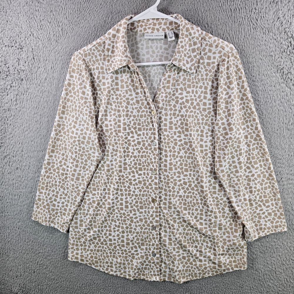 Susan Graver Liquid Knit Tan Abstract Print Button Front Top 3/4 Sleeve Womens M